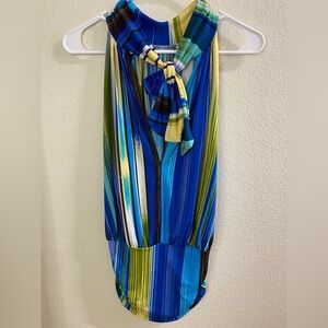 Unaluna Striped Halter Top, Ties at neck sleeveless blue black yellow size small